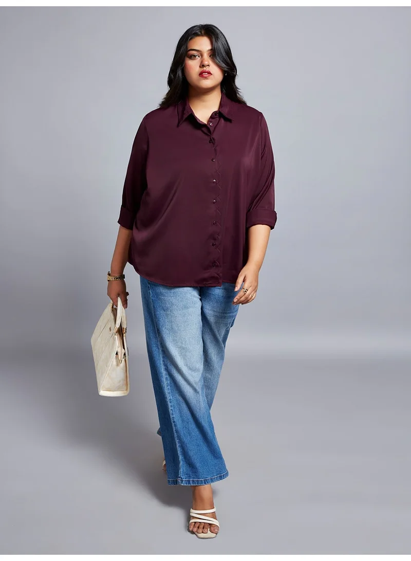 جلو باص بلوزة نسائية جلوبلس كولار بأكمام مكبلة مقاس بلس للمكتب